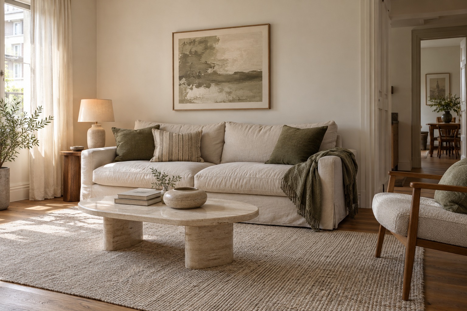 An imagined living room with a cream sofa, olive textiles, walnut furniture and a travertine table